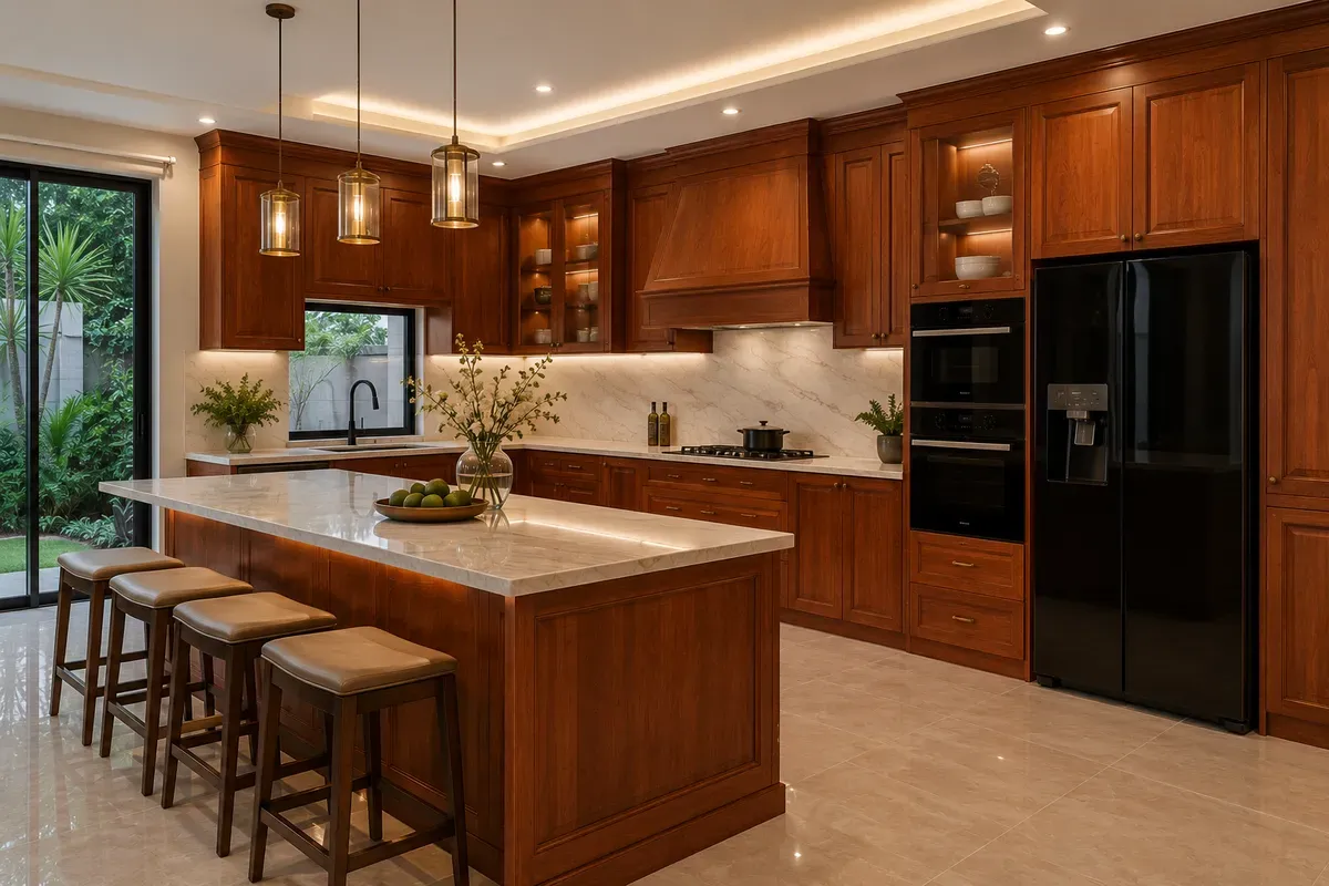 Đảo bếp tạo thêm không gian thao tác và tăng giá trị thẩm mỹ.