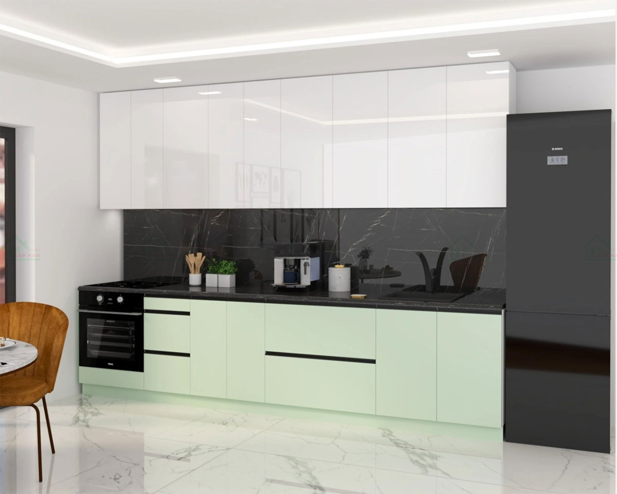 Tủ bếp hiện đại, tối giản, thiết kế dáng chữ I, mang đến sự gọn gàng, tinh tế cho không gian bếp.