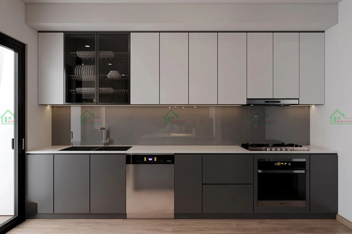 Tủ bếp gỗ chữ I nhỏ gọn cho chung cư hiện đại