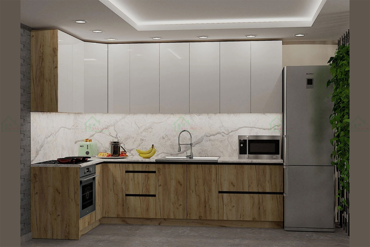 Tủ bếp hiện đại, tối giản, thiết kế chữ L, mang đến sự tiện nghi, tối ưu hóa diện tích cho không gian bếp.