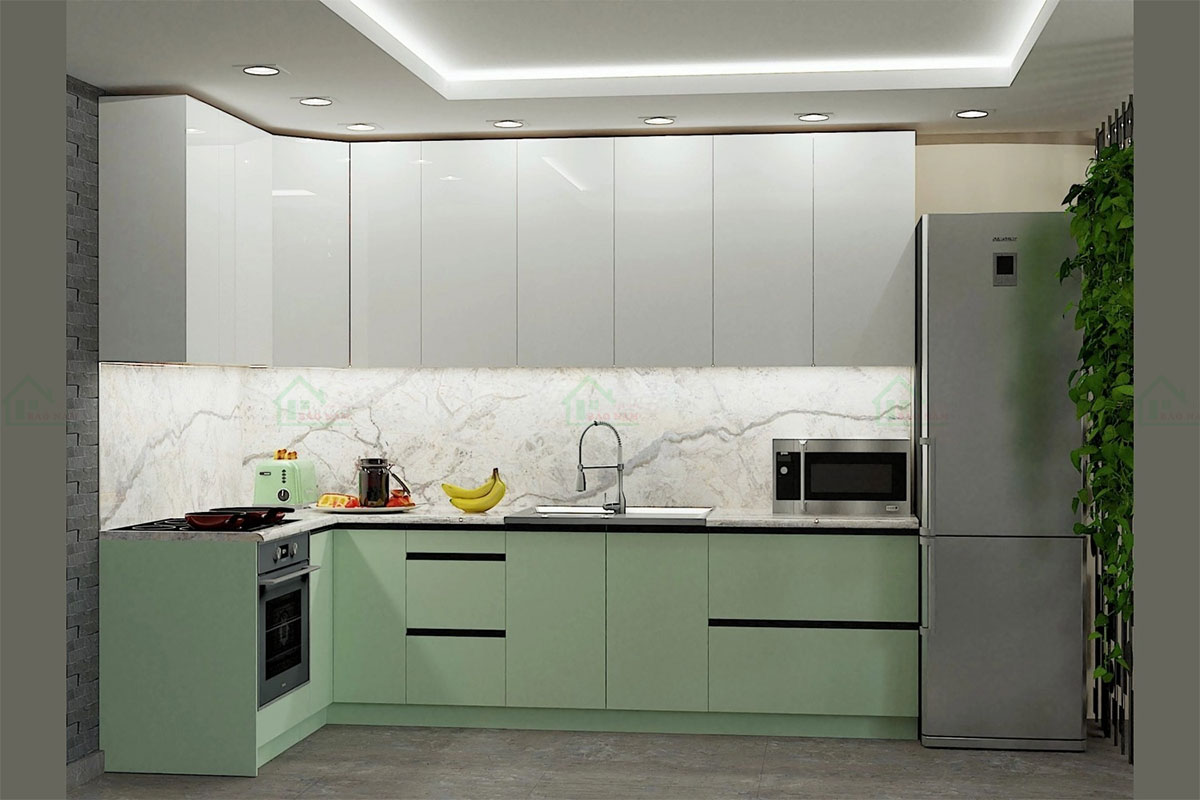 Thiết kế tủ bếp kịch trần, tận dụng tối đa diện tích, tạo cảm giác thông thoáng, rộng rãi cho không gian bếp.