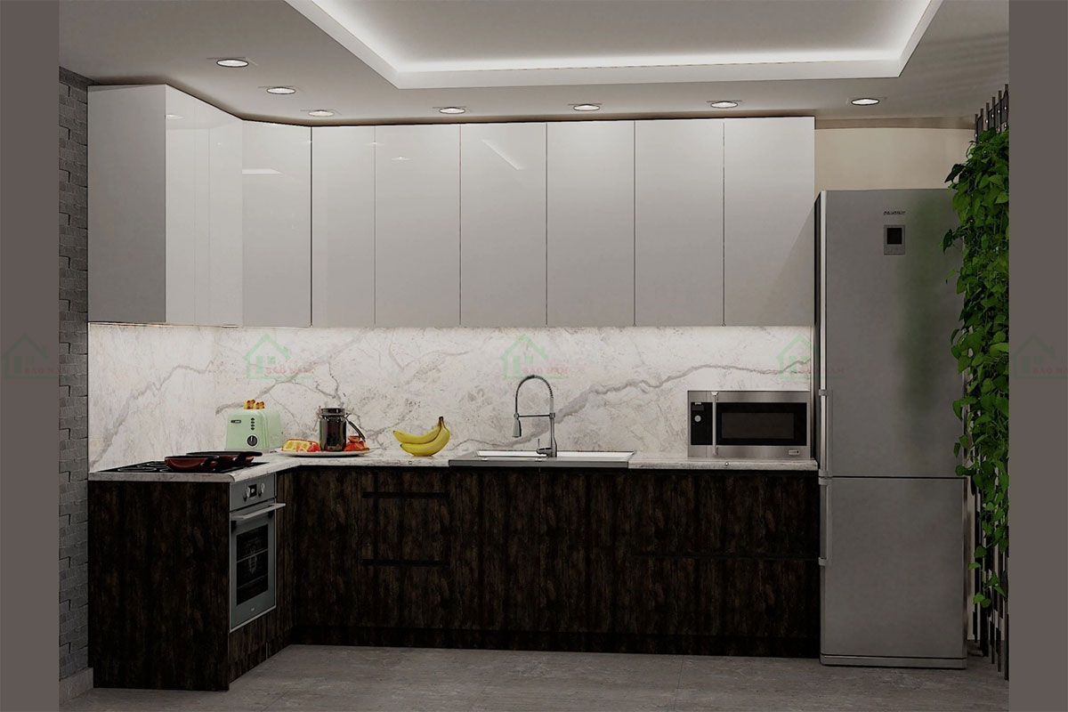 Tủ bếp được làm từ gỗ công nghiệp MDF Melamine An Cường cao cấp, chống trầy xước, chống ẩm mốc, dễ lau chùi, bền đẹp theo thời gian.