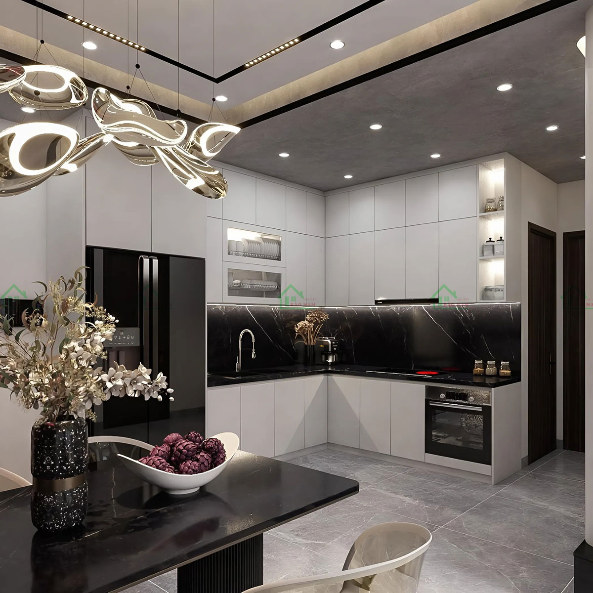 Thiết kế kịch trần của tủ bếp gỗ công nghiệp TB62 tối ưu không gian lưu trữ