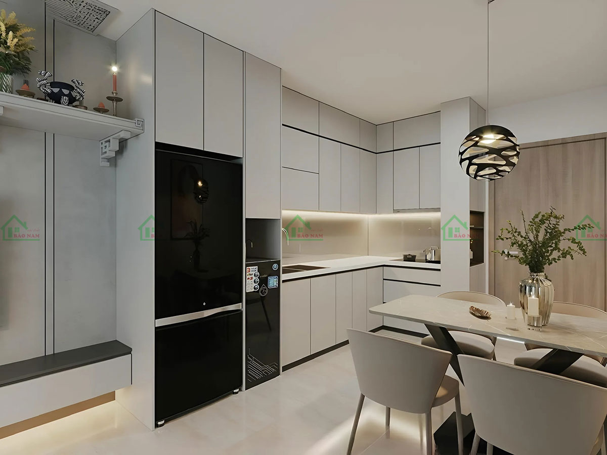 Tủ bếp được thiết kế kịch trần, tạo cảm giác rộng rãi và thoáng đãng.
