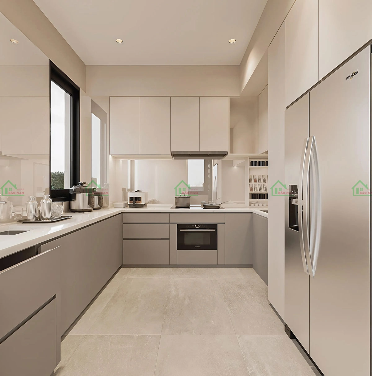 Tủ bếp chữ U với thiết kế hiện đại và nhiều ngăn chứa tiện lợi