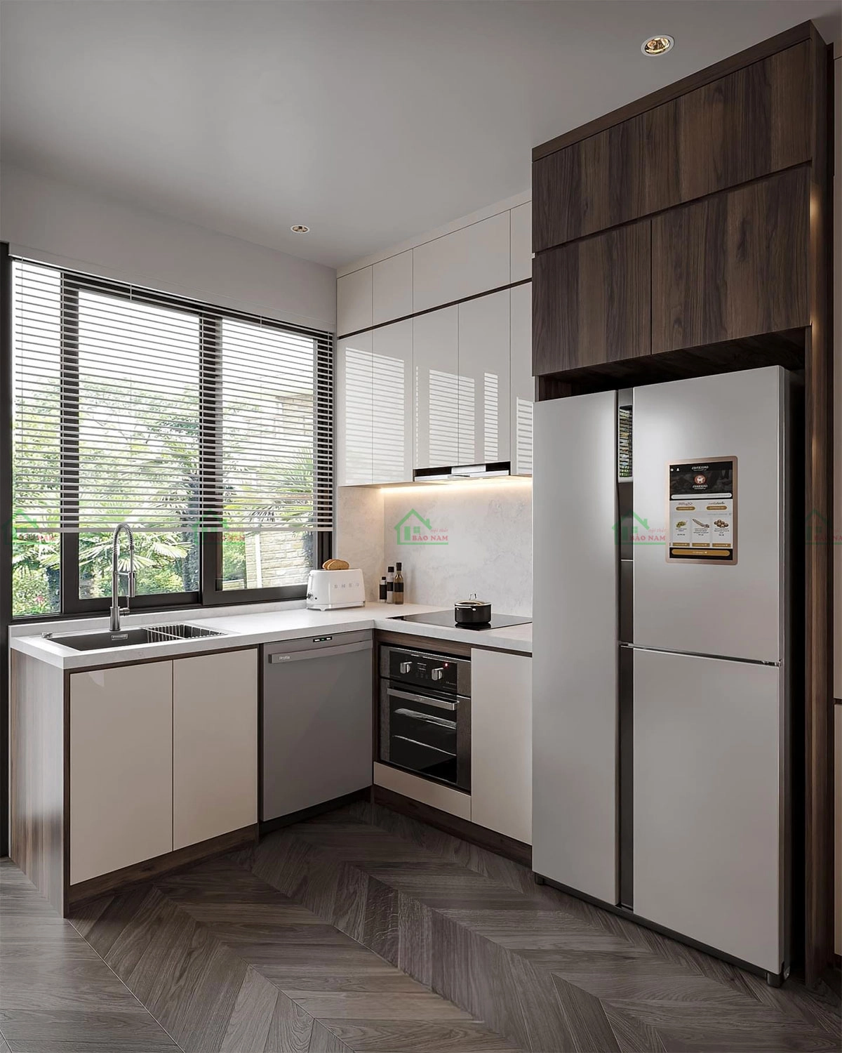 Tủ bếp MDF hoàn thiện trong không gian bếp, mang lại sự ấm áp và thoải mái