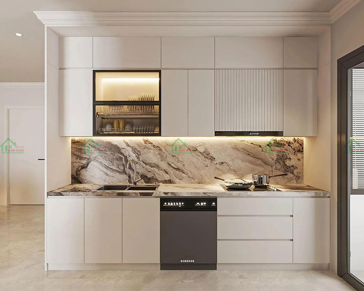 Thiết kế tủ bếp chữ I gỗ công nghiệp MDF thiết kế đơn giản và hiện đại