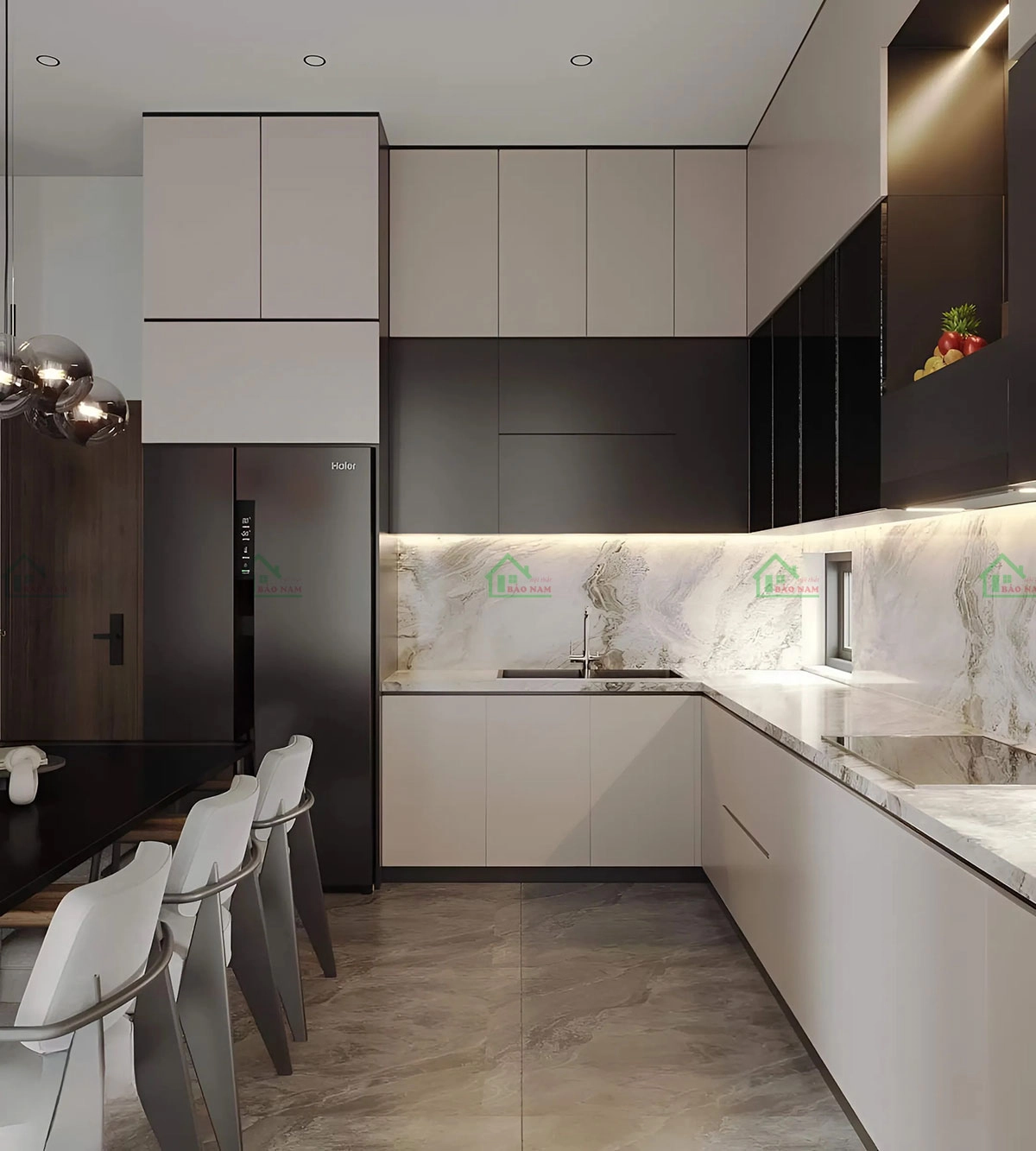Thiết kế tủ bếp chữ L gỗ công nghiệp MDF với thiết kế góc cạnh tiện lợi