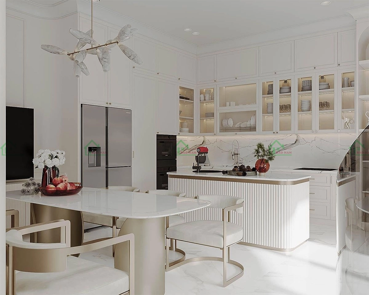 Tủ bếp gỗ công nghiệp MDF hiện đại với thiết kế tân cổ điển tinh tế