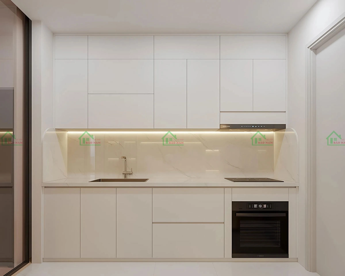 Tủ bếp chữ I gỗ công nghiệp MDF hiện đại với thiết kế tối giản