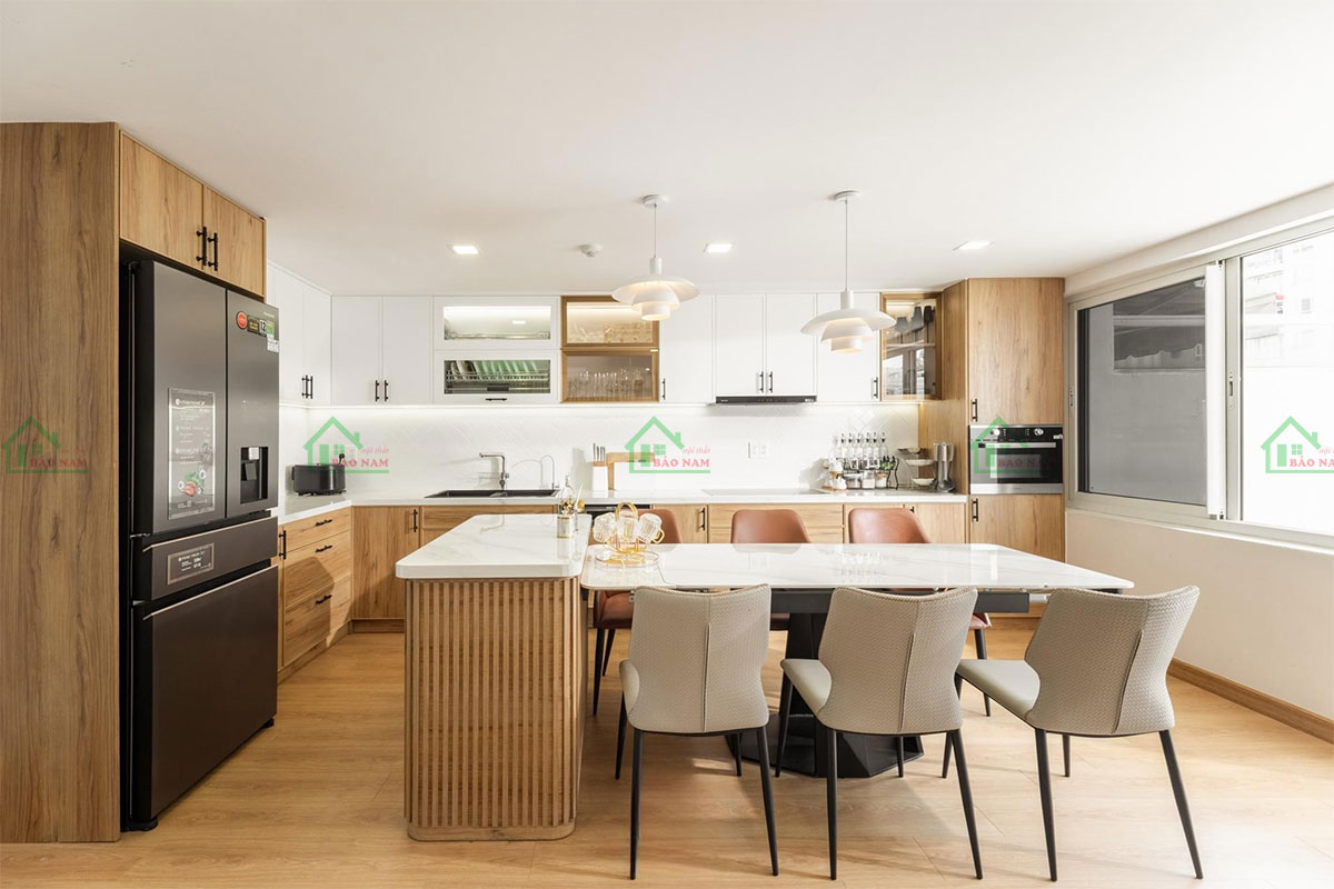 Tủ bếp gỗ công nghiệp MDF Mirco Shaker BSK10 thiết kế hình chữ L hiện đại.