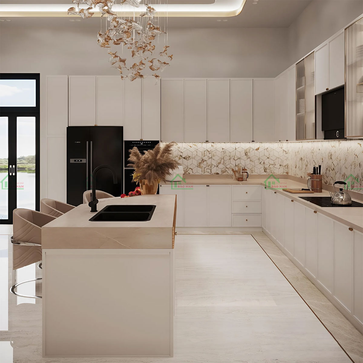Thiết kế chữ L tạo nên không gian bếp rộng rãi và tiện nghi.