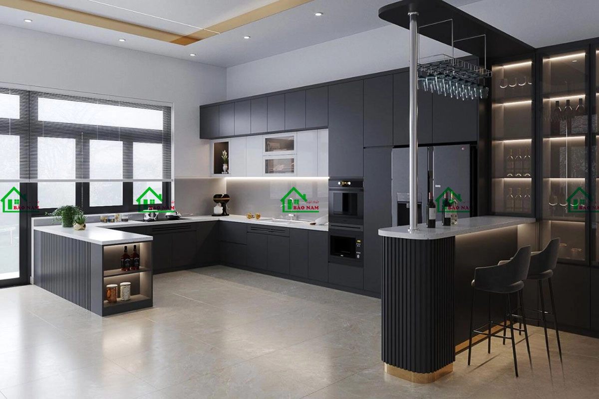 Thiết kế tủ bếp gỗ đẹp ấn tượng cho nhà phố, nhà ống hiện đại