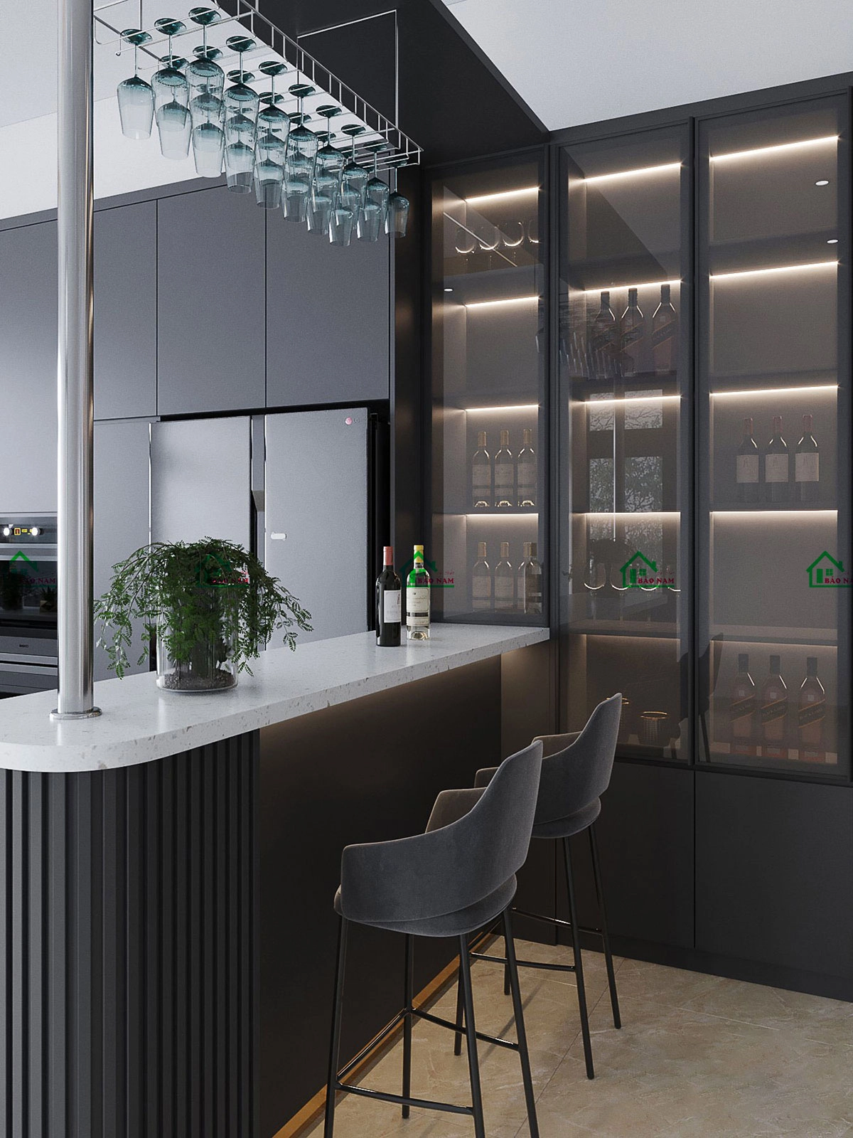 Tích hợp quầy bar cho bàn bếp đẹp, thiết kế tối giản sang trọng và đẳng cấp