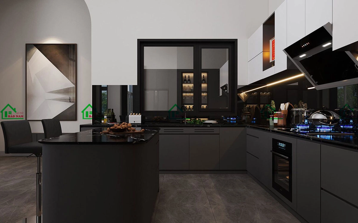 Mẫu tủ bếp gỗ MDF Melamine đẹp với tông màu xám chì cuốn hút