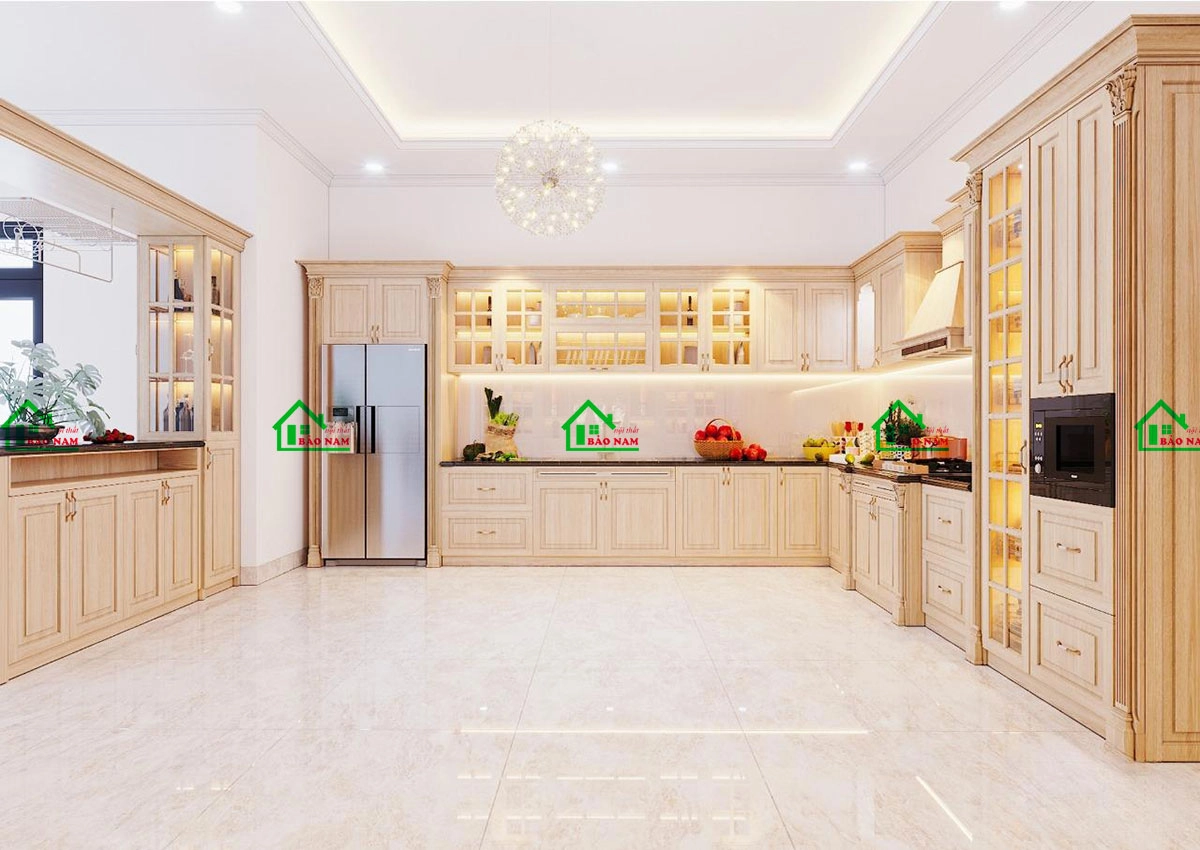 Mẫu tủ bếp gỗ tự nhiên sang trọng cho biệt thự đẳng cấp