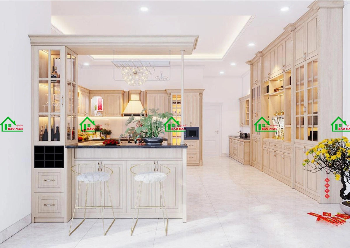 Tủ bếp gỗ sồi tự nhiên cổ điển cao cấp cho biệt thự sang trọng