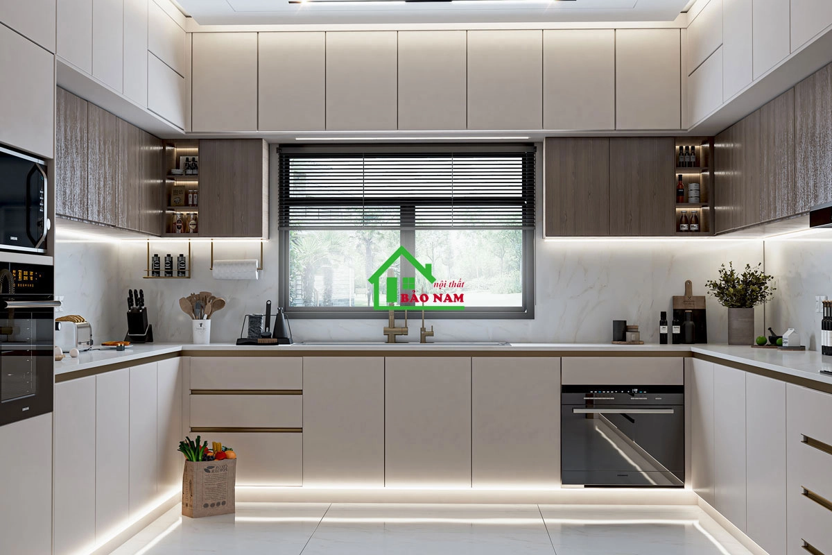 Mẫu tủ bếp gỗ đẹp hình chữ U màu be hiện đại, đẹp