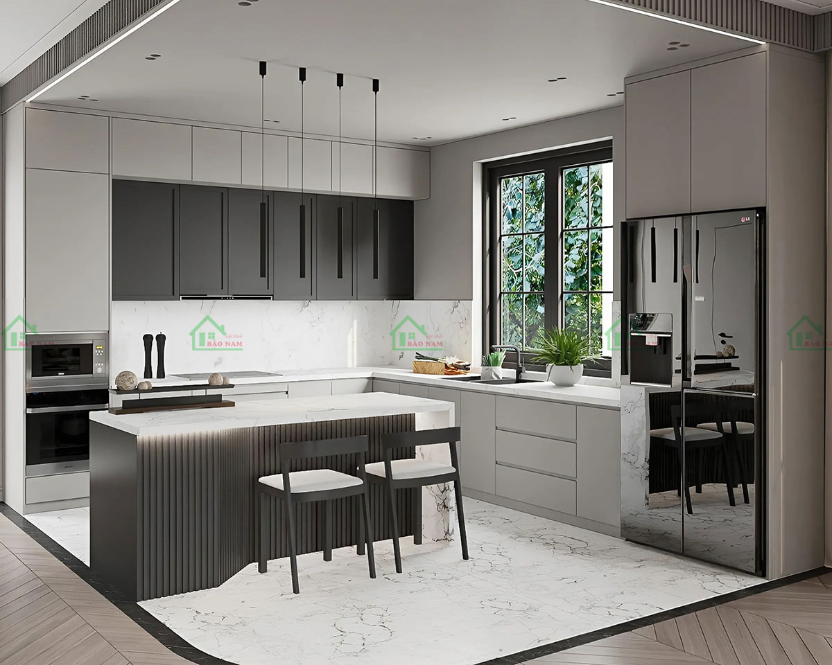 Không gian bếp hiện đại và sang trọng với tủ bếp TB69, màu xám nhạt làm chủ đạo, tạo cảm giác rộng rãi và tinh tế.