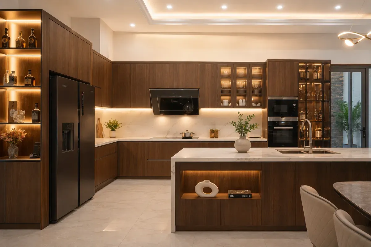 Công trình tủ bếp gỗ hoàn thiện thực tế với thiết kế hiện đại và thi công trực tiếp tại xưởng.