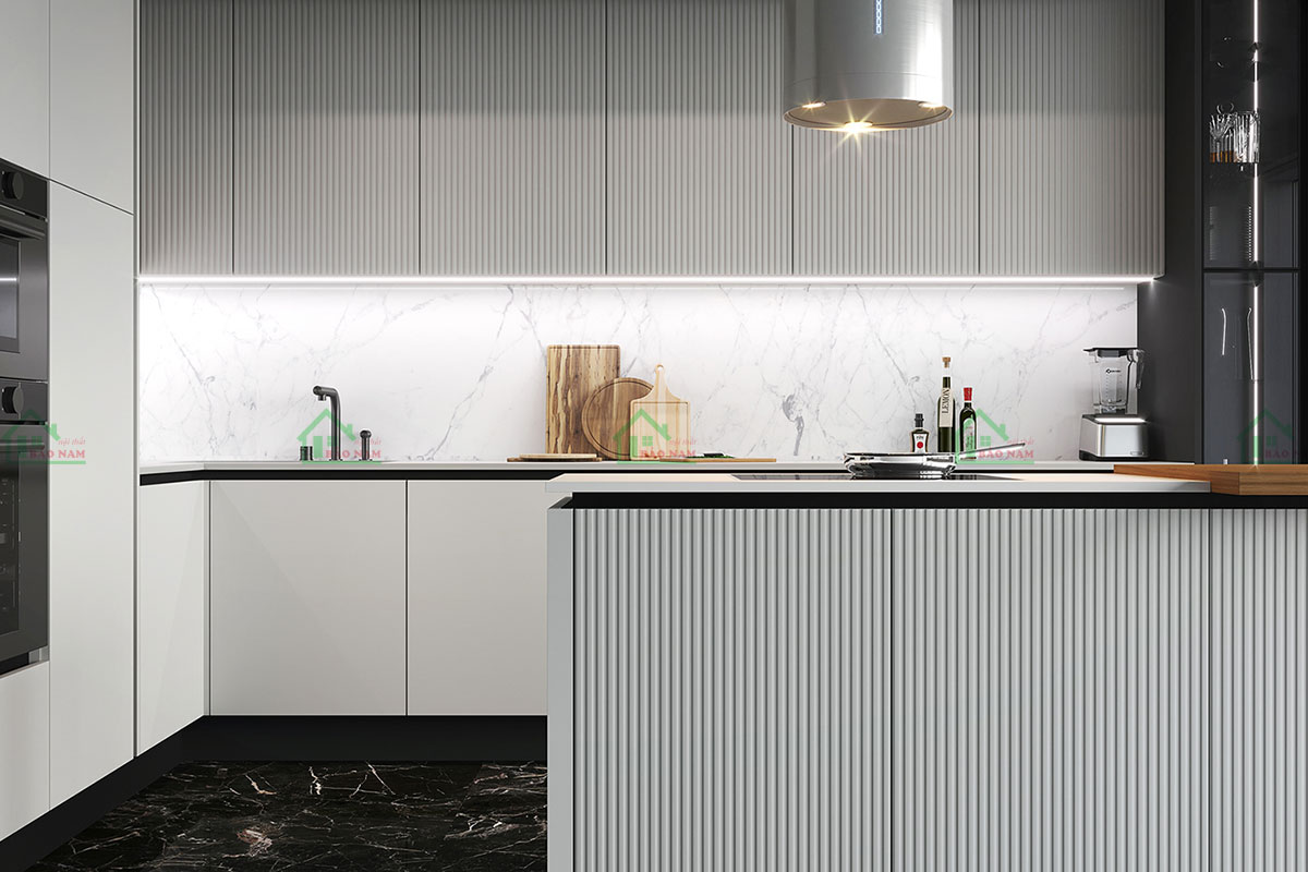 Tủ bếp được làm từ chất liệu Gỗ MDF An Cường cao cấp, đảm bảo độ bền