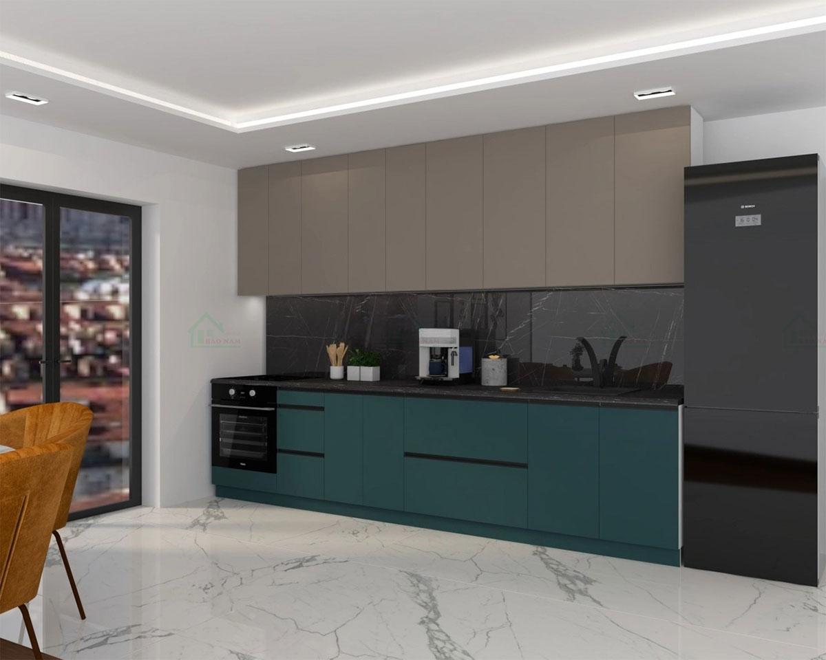 Bàn bếp và ốp tường được thiết kế bằng đá marble đen với vân trắng, mang lại vẻ đẹp sang trọng và tinh tế.