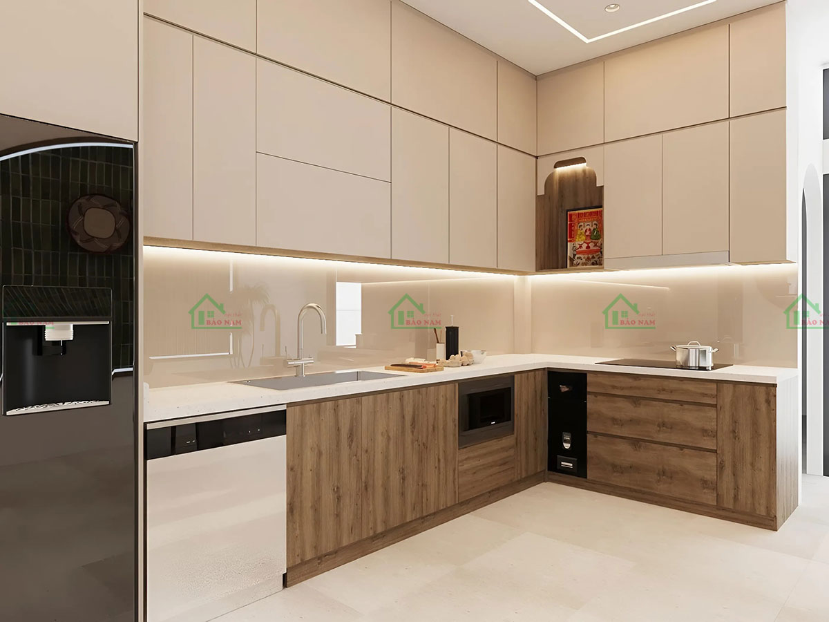 Tủ bếp gỗ MDF An Cường TB65 thiết kế chữ L hiện đại.
