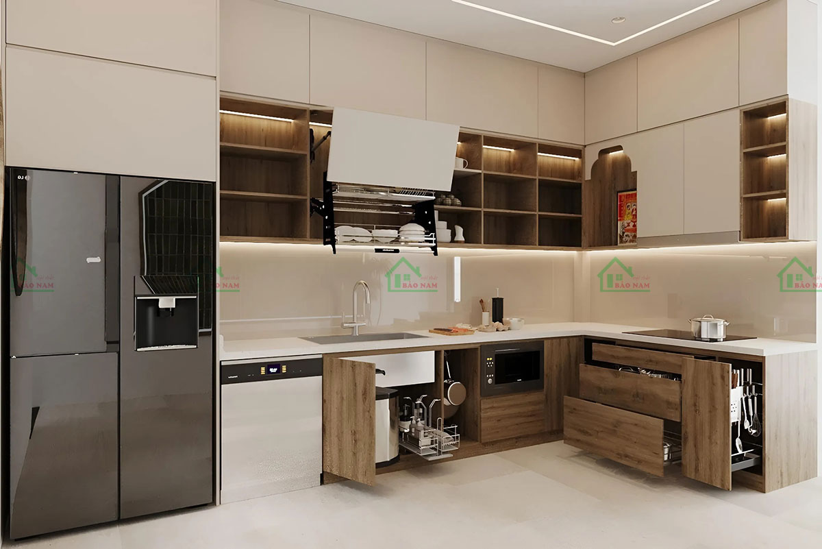 Không gian bếp với tủ gỗ MDF An Cường TB65 cao kịch trần.