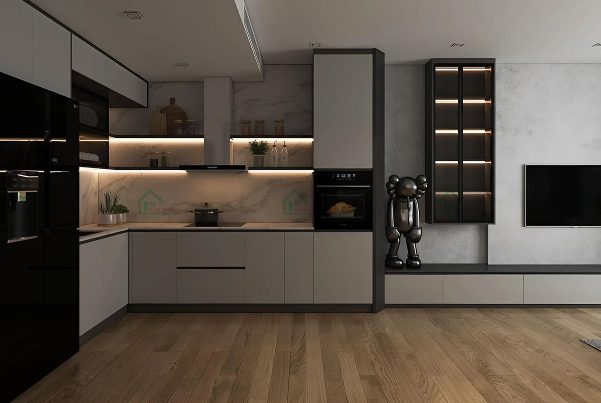 Sử dụng gỗ MDF An Cường cao cấp, mang lại độ bền và khả năng chống ẩm tốt, giữ cho tủ bếp luôn như mới.
