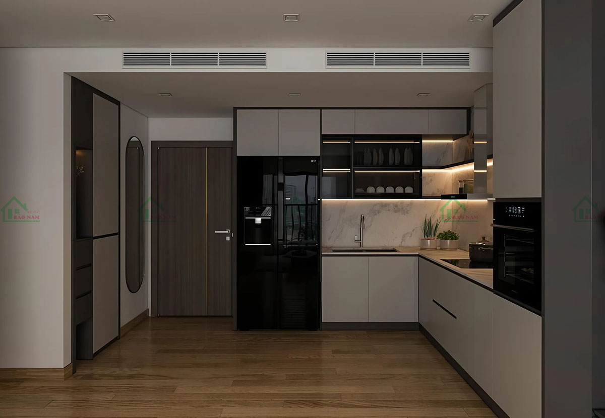Tủ bếp có màu sắc trung tính như trắng, đen và xám, dễ dàng phối hợp với các nội thất khác trong không gian sống.
