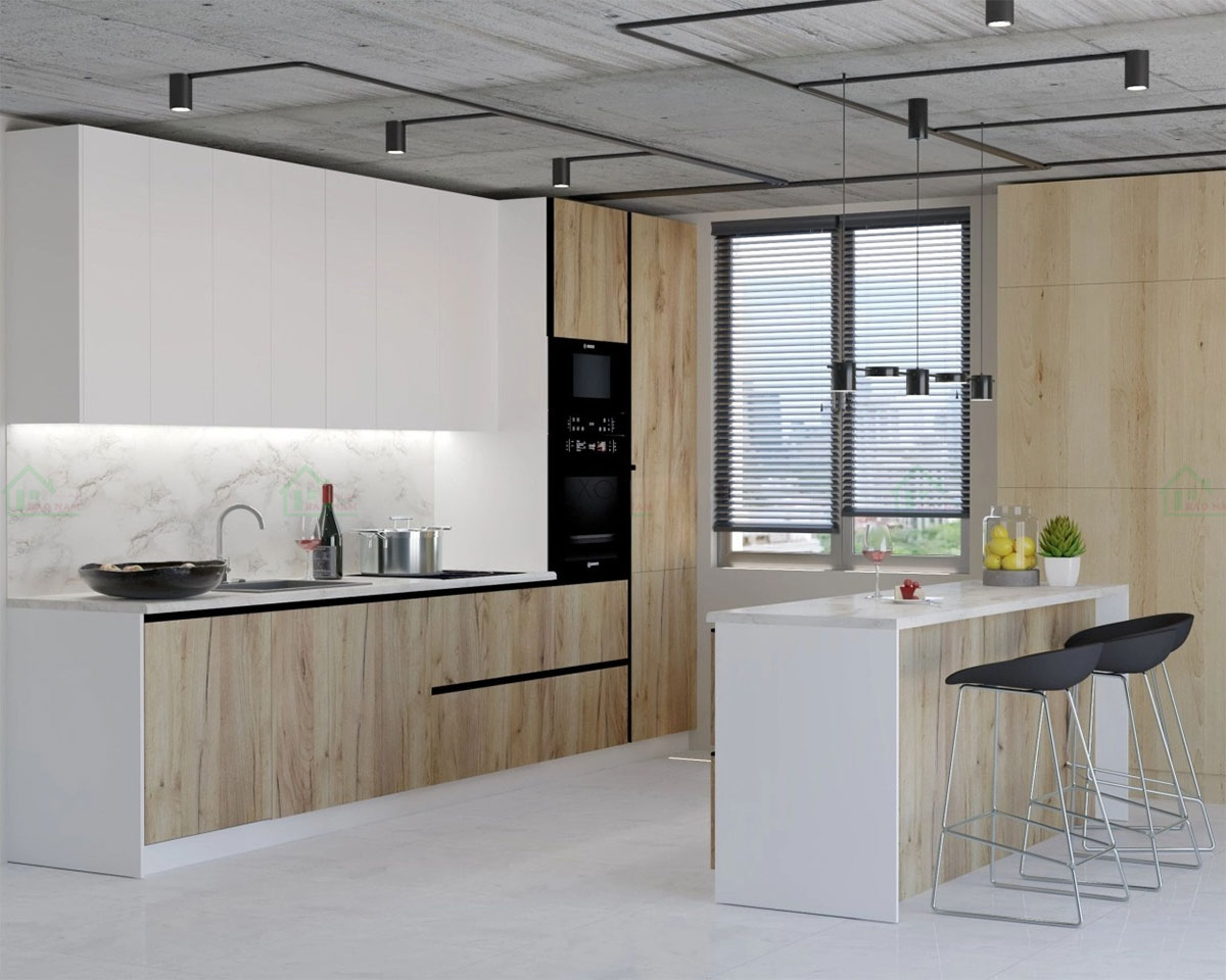 Thiết kế tủ bếp hiện đại, tối giản, thiết kế chữ I, mang đến sự tiện nghi, tối ưu hóa diện tích cho không gian bếp.
