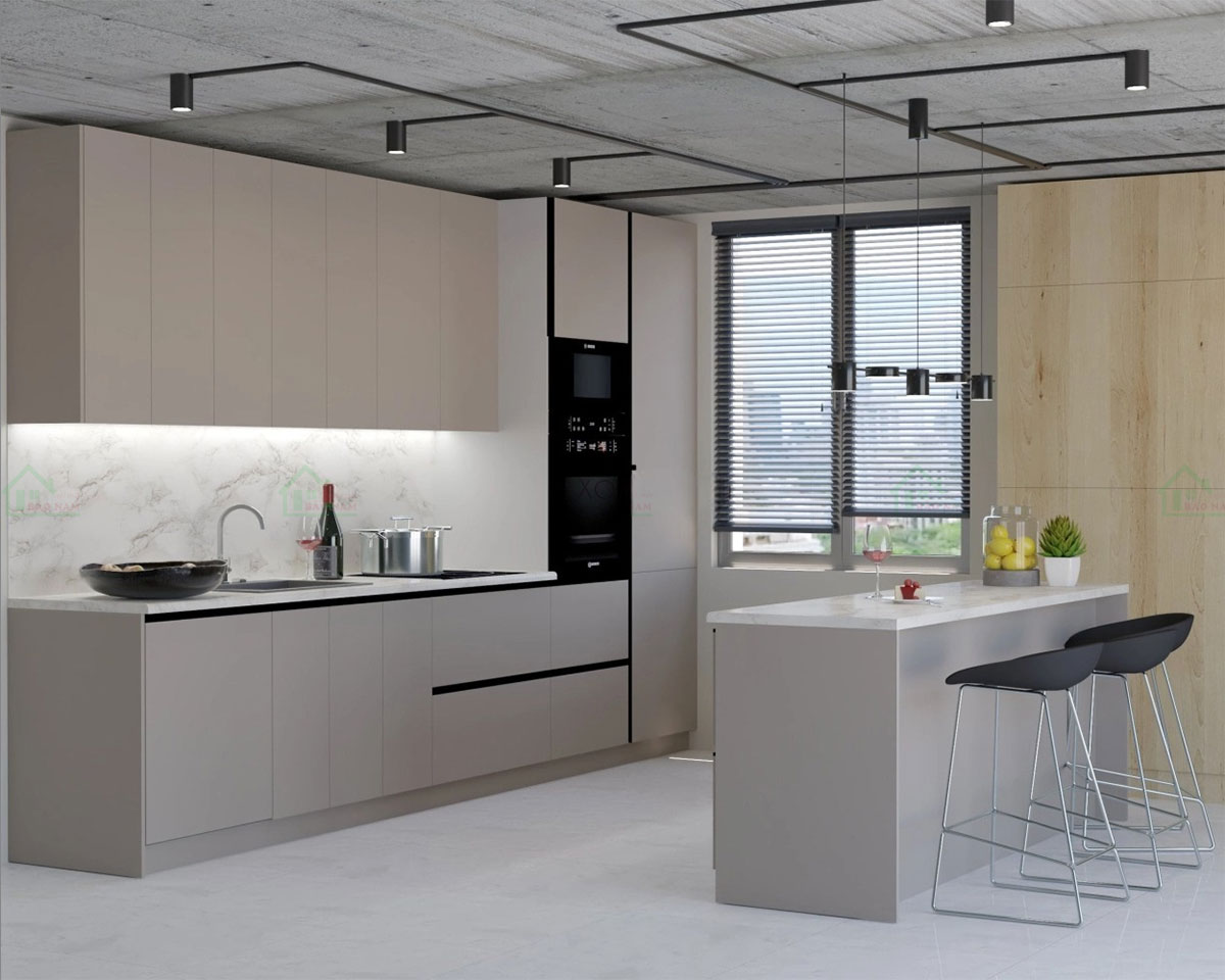 Tủ bếp được làm từ gỗ công nghiệp MDF phủ Melamine cao cấp, chống trầy xước, chống ẩm mốc, dễ lau chùi, bền đẹp theo thời gian.
