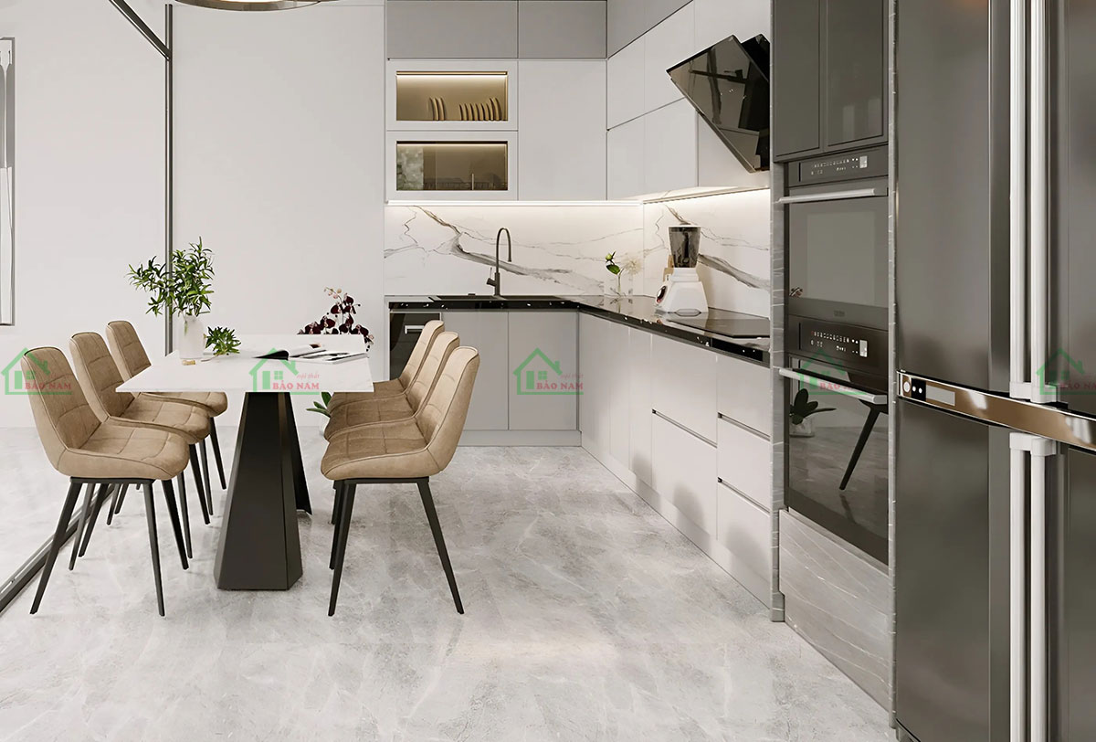 Thiết Kế Tủ Bếp Gỗ MDF TB87 Màu Trắng Và Xám Tinh Tế
