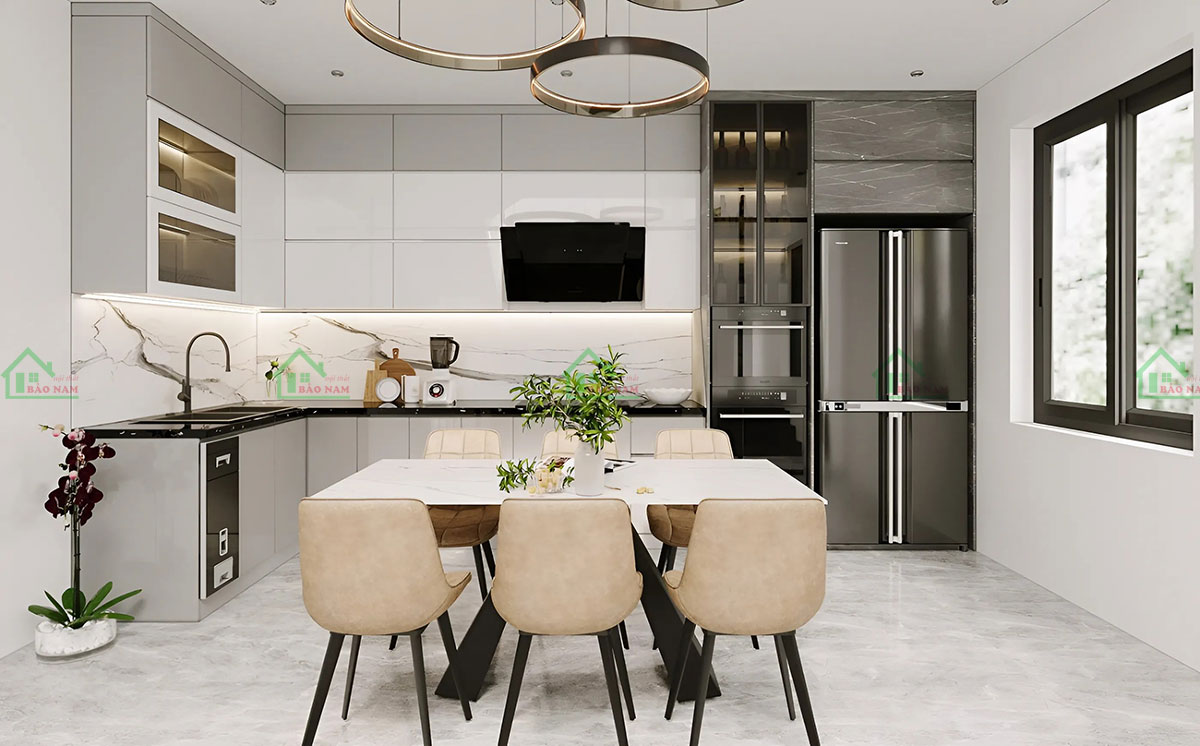 Tủ Bếp Gỗ MDF TB87 Màu Trắng Và Xám Tinh Tế