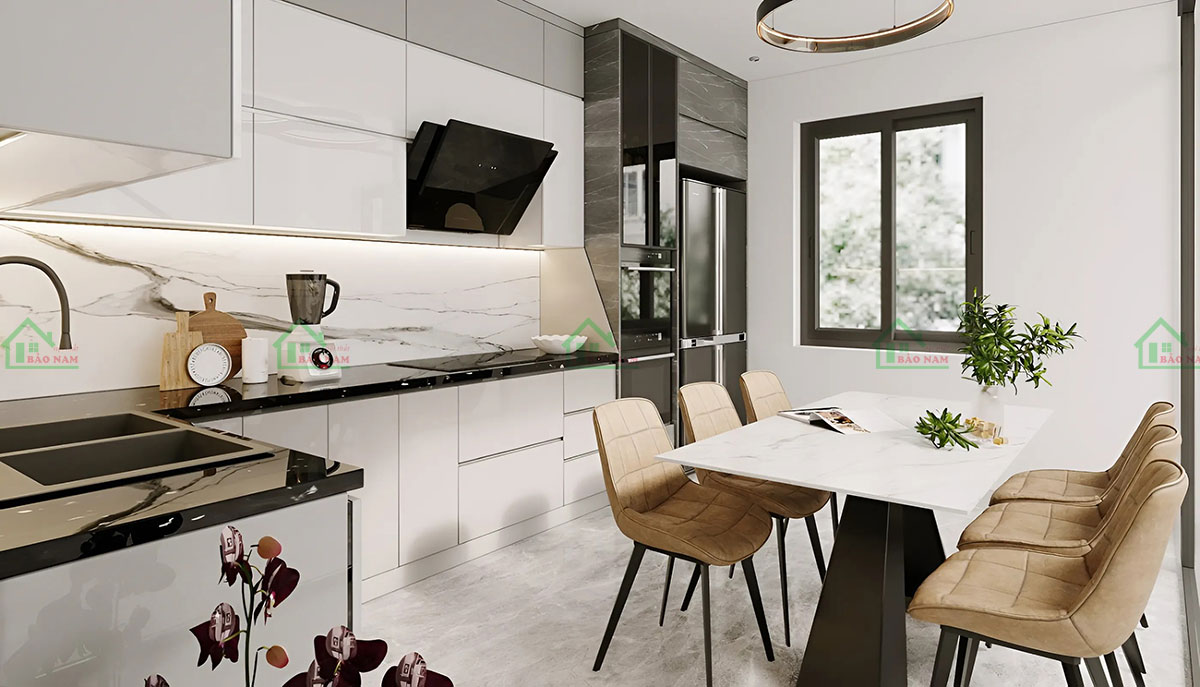 Tủ bếp TB87 được trang bị đầy đủ các thiết bị như tủ lạnh, lò nướng,...sắp xếp gọn gàng và tiện lợi