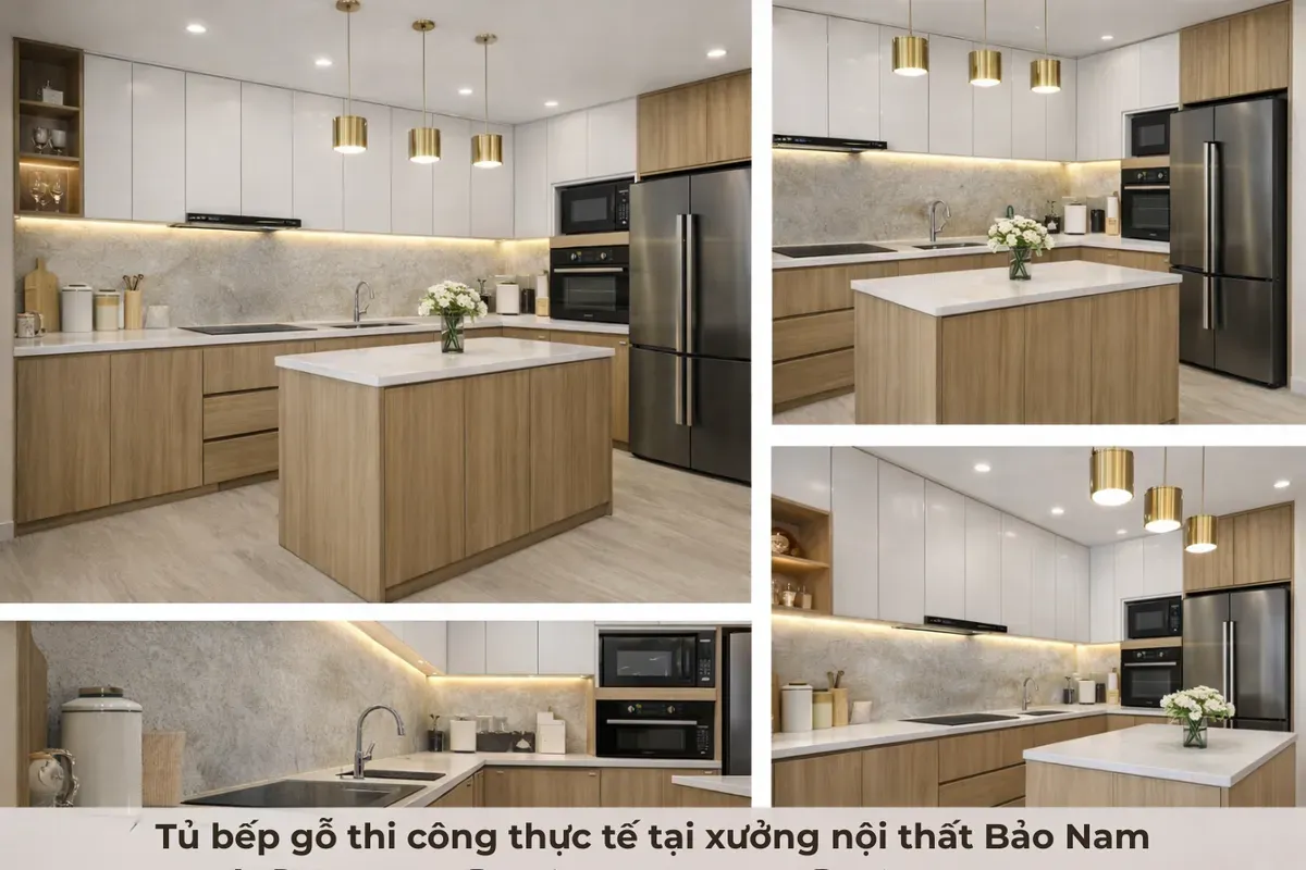 Tủ bếp gỗ thi công thực tế tại xưởng nội thất Bảo Nam