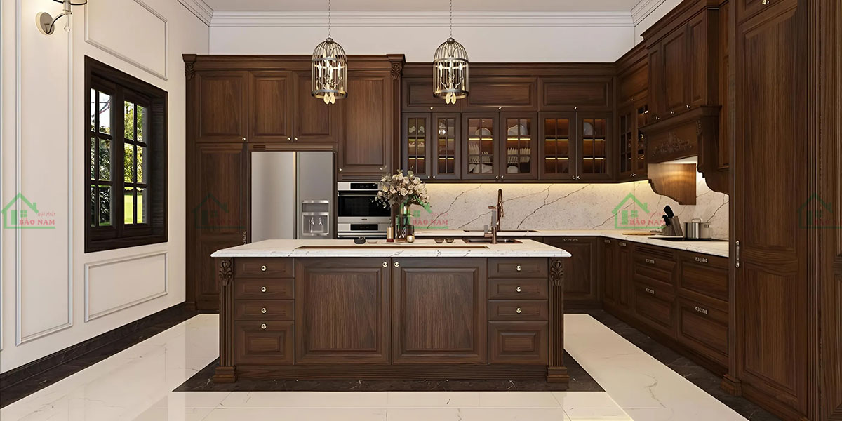 Tủ bếp gỗ tự nhiên Căm Xe BTN17 thiết kế hiện đại trong không gian bếp.