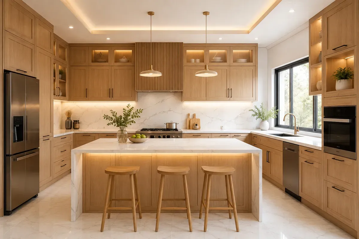 Tủ bếp gỗ tự nhiên mang lại cảm giác sang trọng và ấm cúng cho không gian bếp
