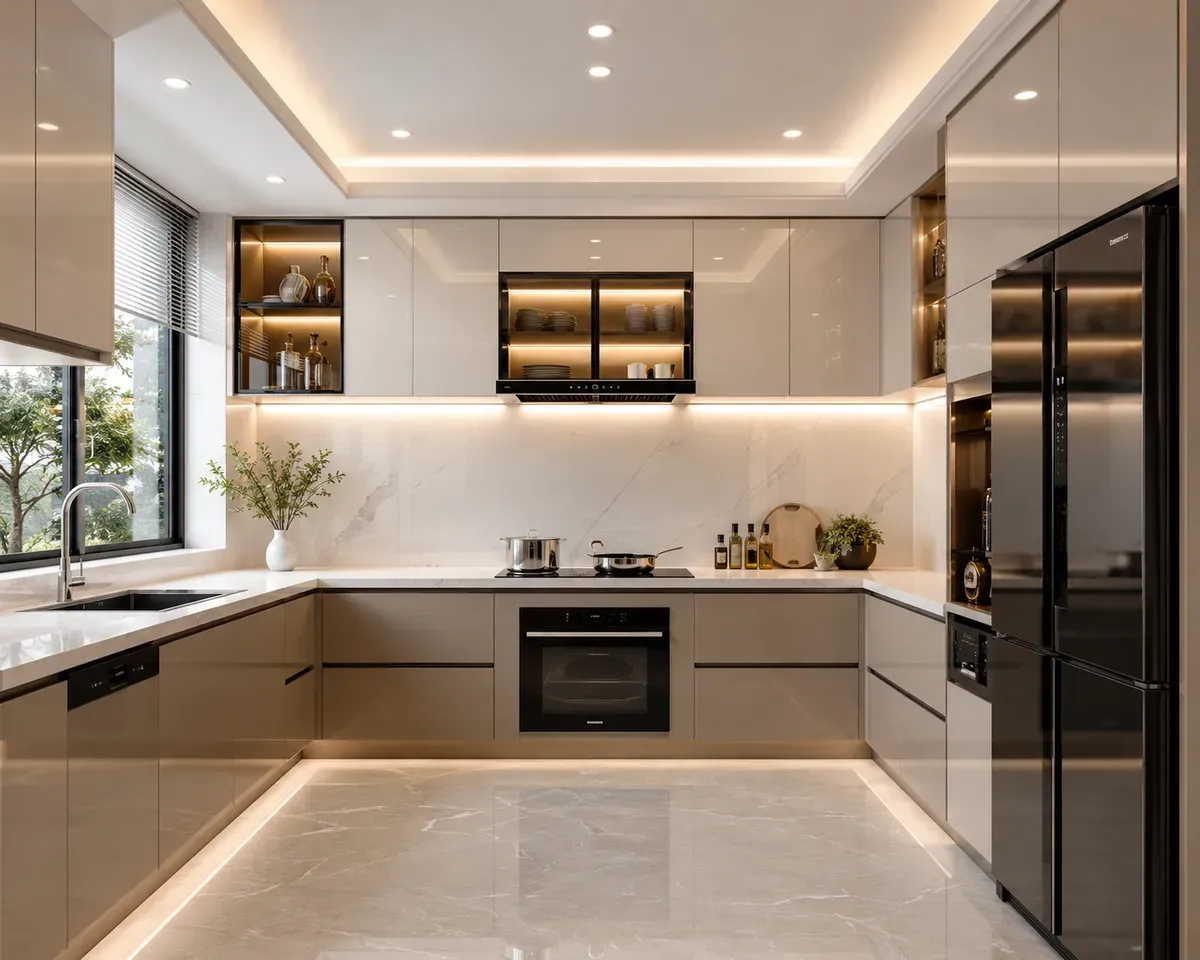 Tủ bếp hiện đại chữ U phù hợp với không gian bếp rộng