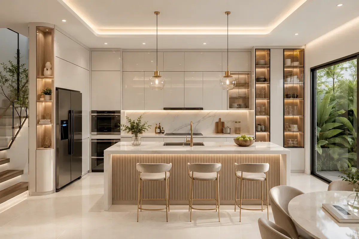 Mẫu tủ bếp hiện đại có đảo bếp tạo điểm nhấn cho không gian