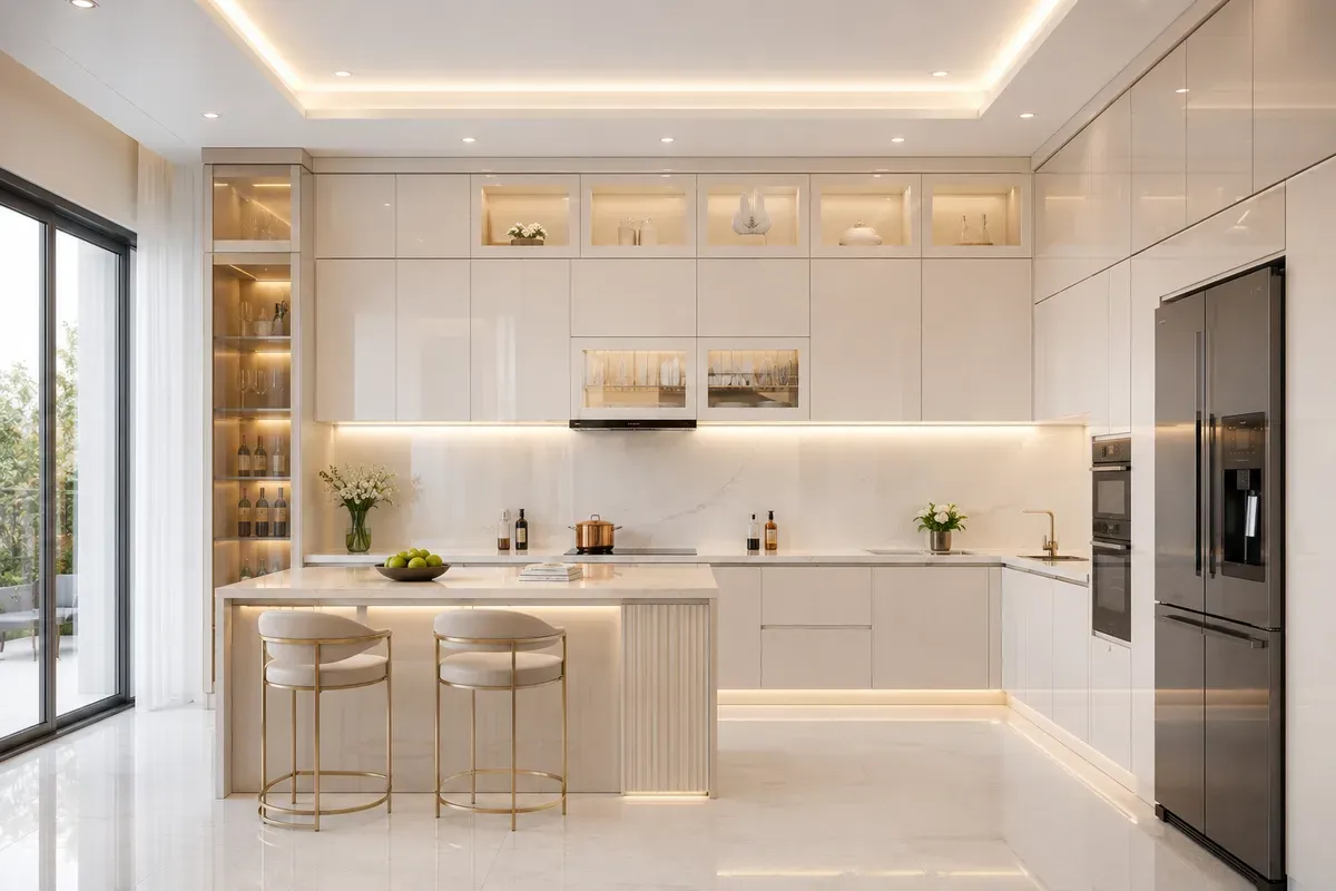 Mẫu tủ bếp hiện đại kịch trần giúp tận dụng tối đa diện tích theo chiều cao