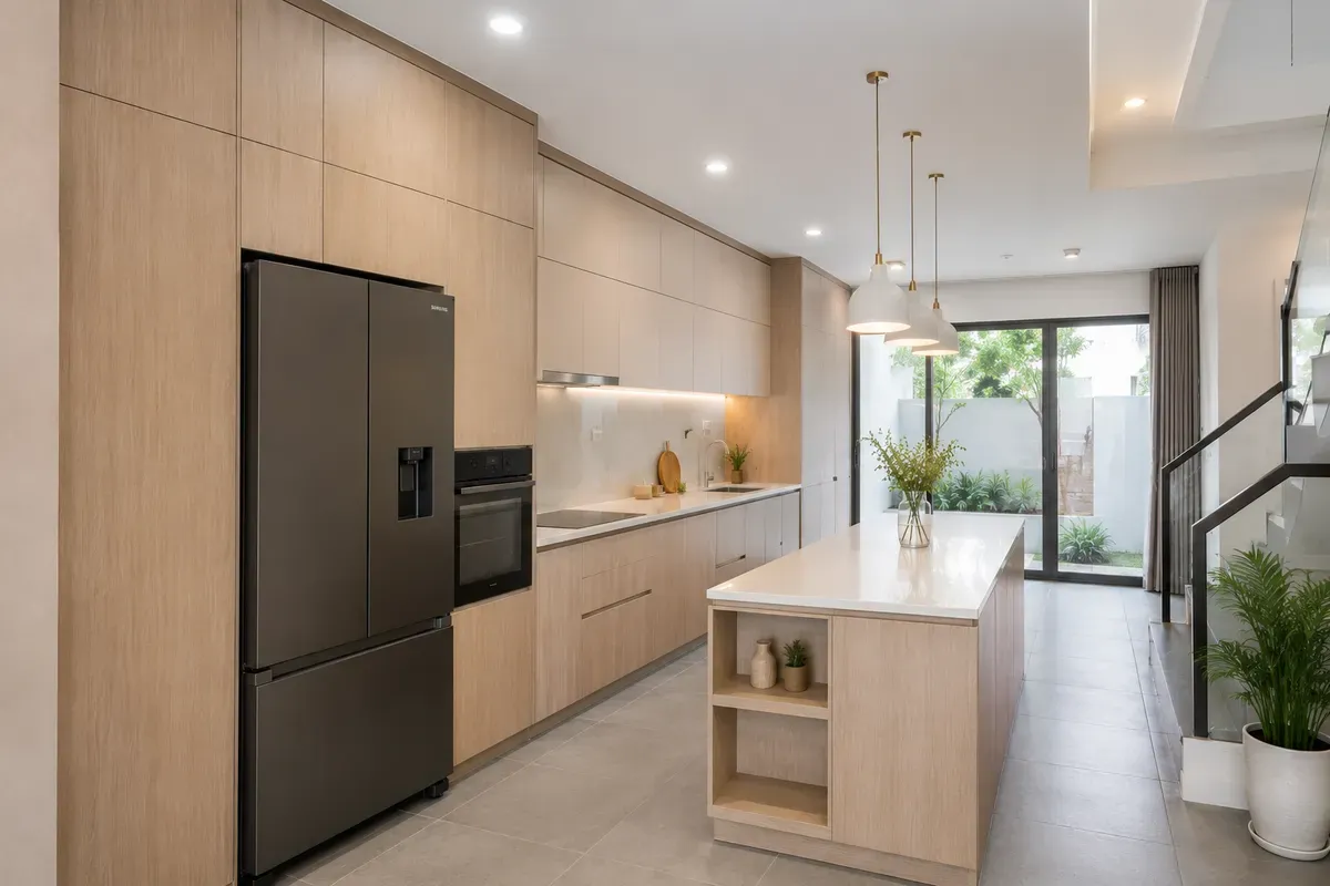 Tủ bếp Laminate hoàn thiện cao cấp với thiết kế hiện đại.