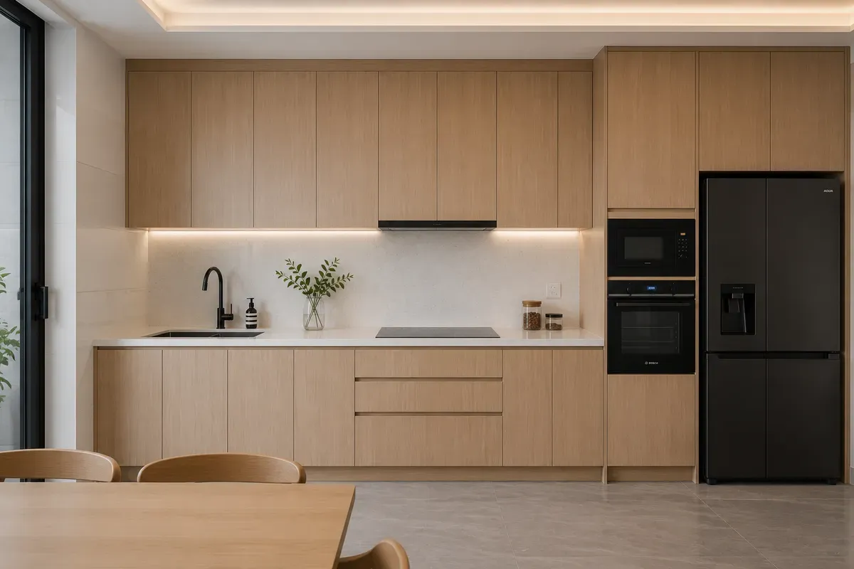 Tủ bếp Laminate có độ bền cao và chống trầy xước tốt.