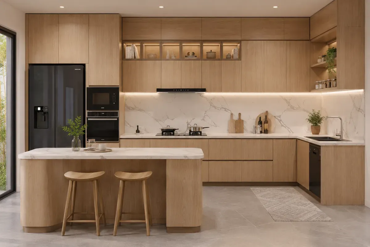 Mẫu tủ bếp Laminate vân gỗ mang lại cảm giác ấm cúng và sang trọng.