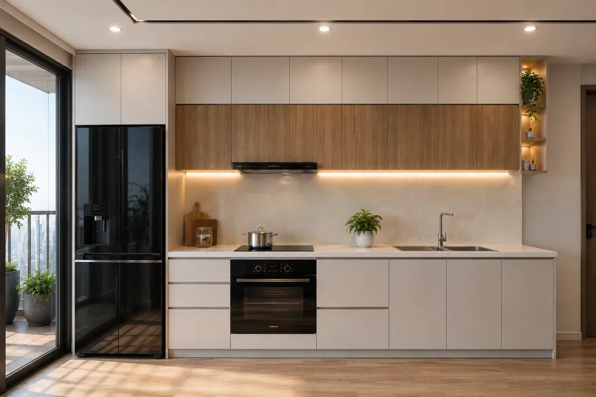 Mẫu tủ bếp MDF An Cường chữ I tối ưu diện tích cho căn hộ chung cư.