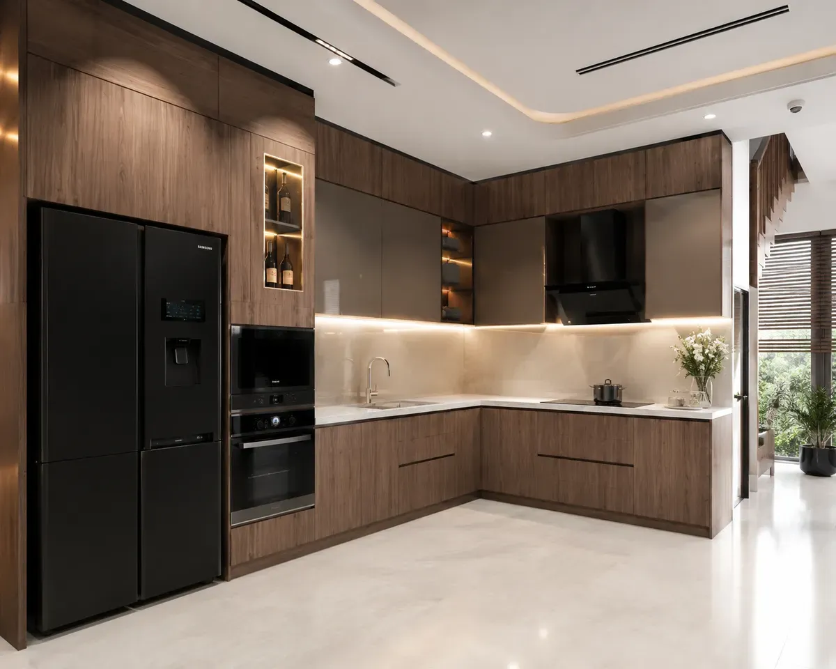 Thiết kế tủ bếp MDF An Cường chữ L giúp tối ưu công năng sử dụng.