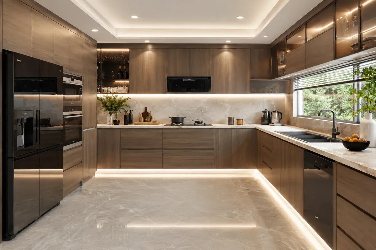 Mẫu tủ bếp MDF An Cường chữ U tăng diện tích lưu trữ và thao tác.