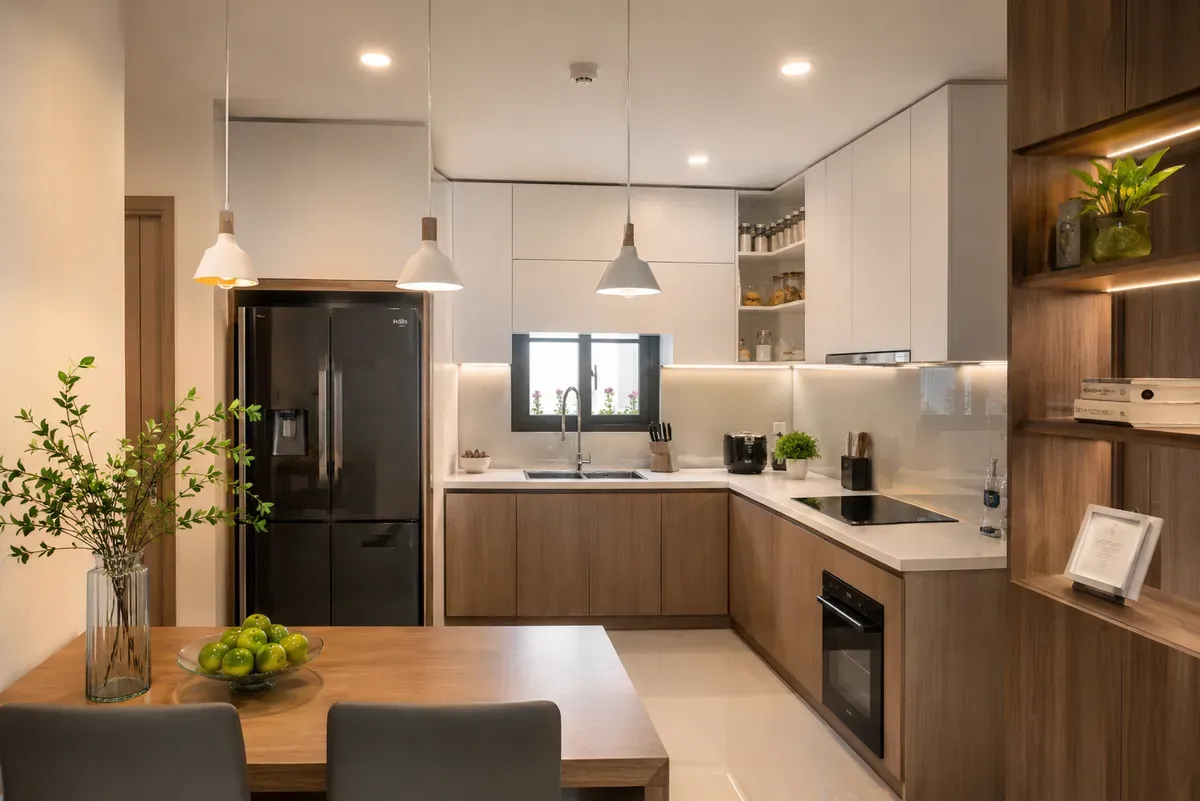 Thiết kế tủ bếp MDF An Cường phù hợp với không gian căn hộ hiện đại.