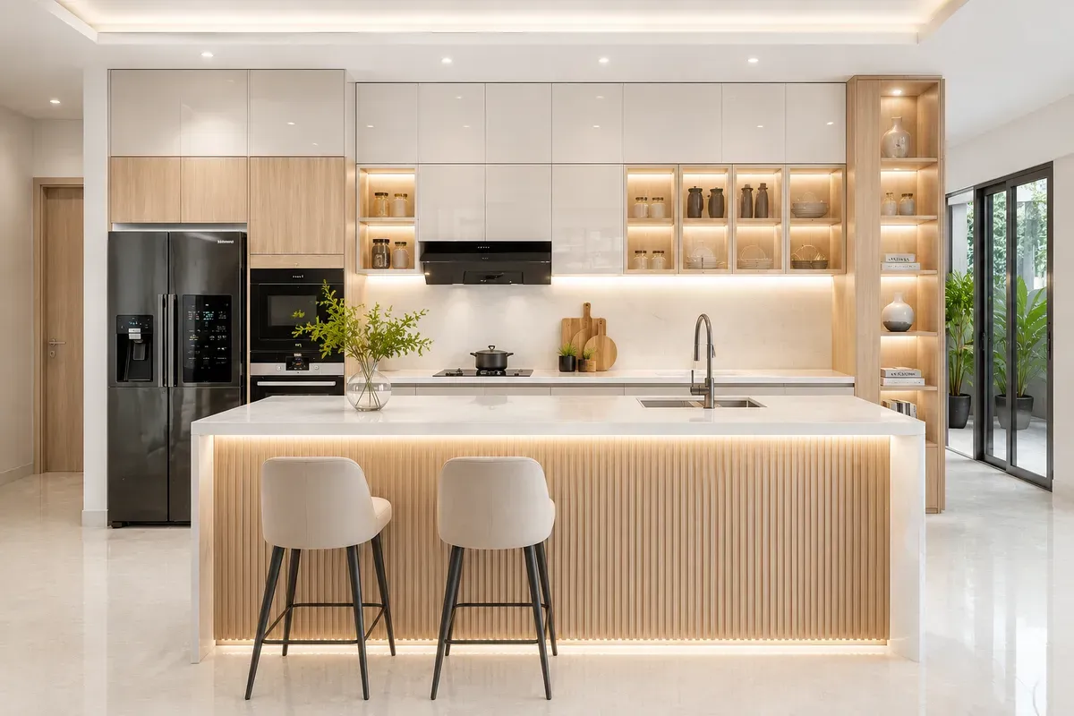 Tủ bếp MDF An Cường hiện đại với thiết kế tối ưu công năng và thẩm mỹ.