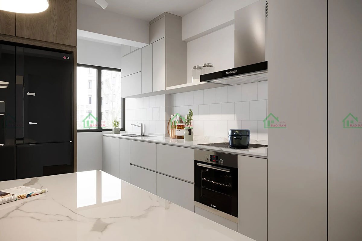Tông màu xám trắng trang nhã, tạo cảm giác sạch sẽ, rộng rãi.